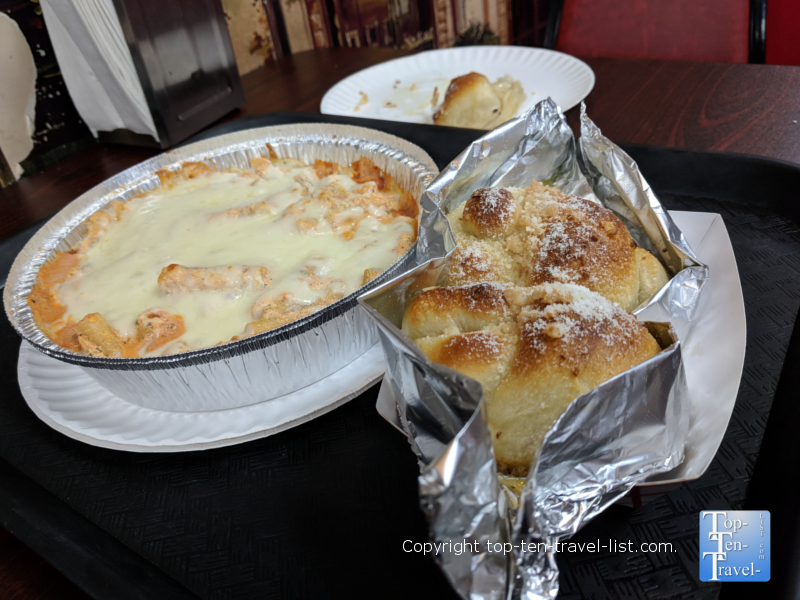 Baked ziti and garlic knots at Frankie's NY Pizza in Greenville, South Carolina 