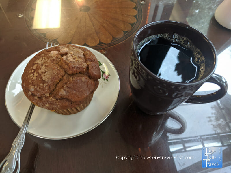 Pumpkin muffin and house coffee at Sips Specialty Coffee house in Tampa, Florida 