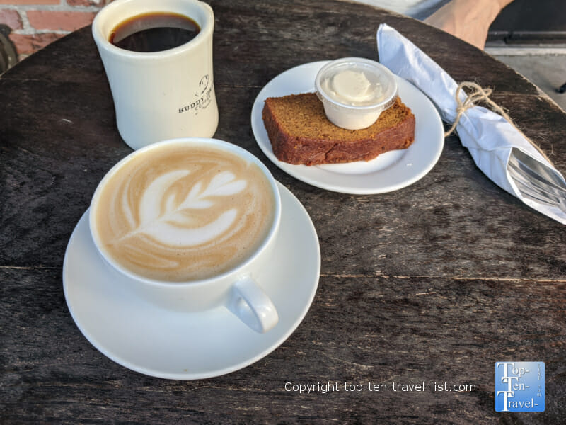 Pumpkin Spice Latte and Pumpkin Bread at Buddy Brew Coffee in Tampa, Florida 