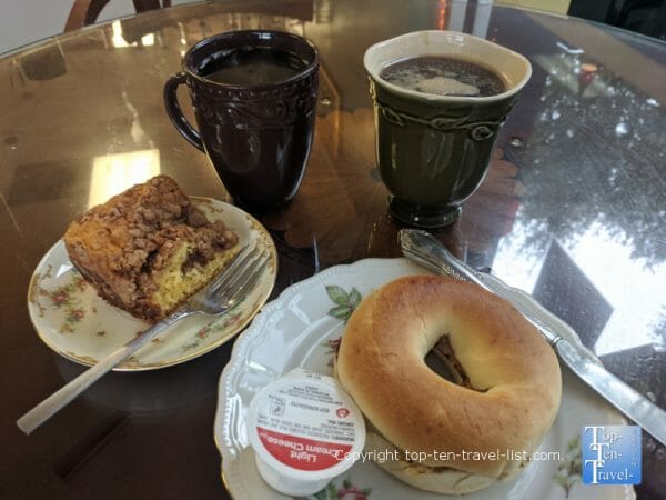 Bagel, coffee cake, and house coffee at Sips in Tampa, Florida 