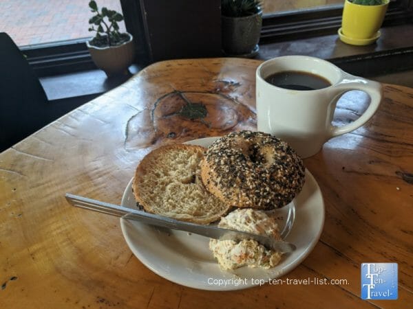 Delicious bagel and coffee at High Five Coffee in Asheville, North Carolina 