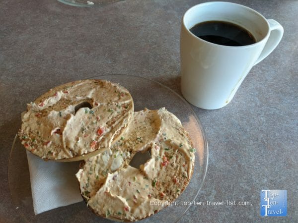 Bagel with veggie cream cheese at Quotations Coffee Cafe in Brevard, North Carolina 