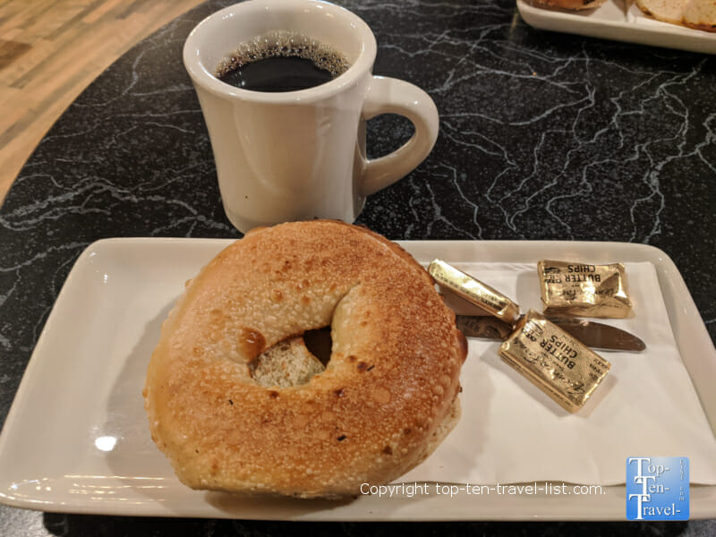 Bagel and coffee at Black Bear Coffee in Hendersonville, North Carolina 