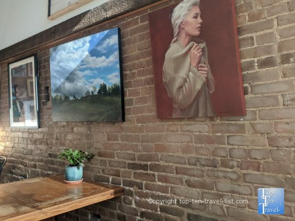 Historic brick walls at Commonplace Coffee in the Mexican War Street neighborhood of Pittsburgh 