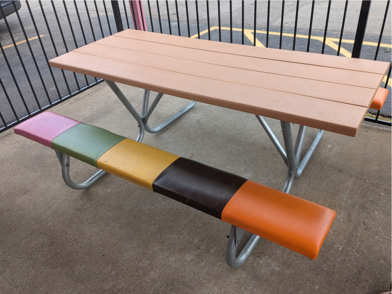 Colorful picnic table at Original Rainbow Cone