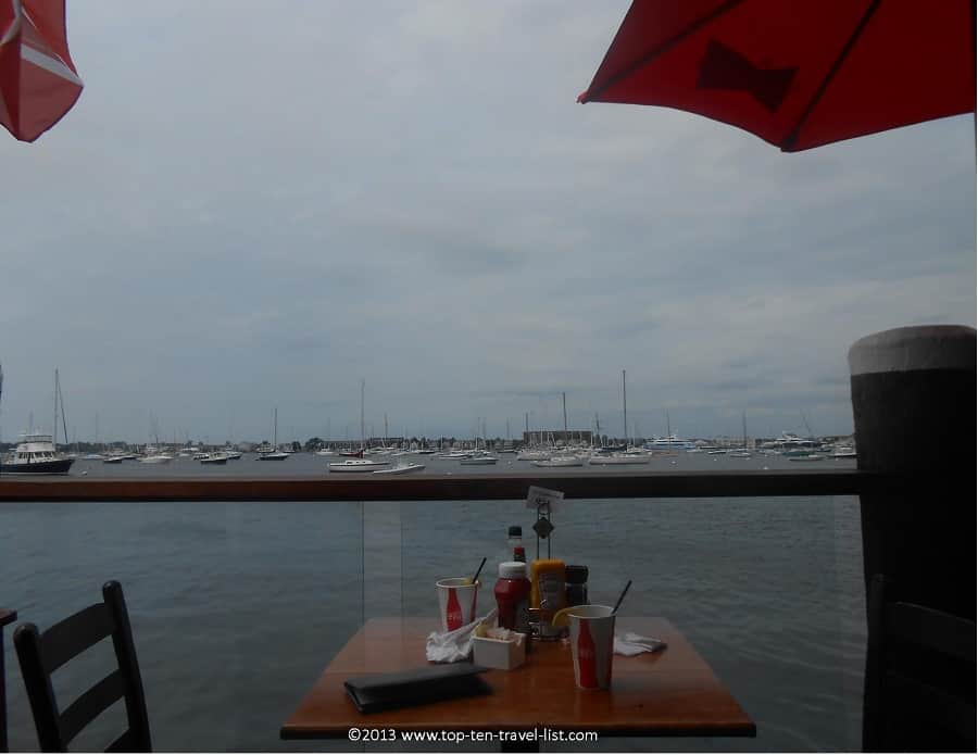 Outdoor seating on the deck at The Lobster Bar in Newport, Rhode Island