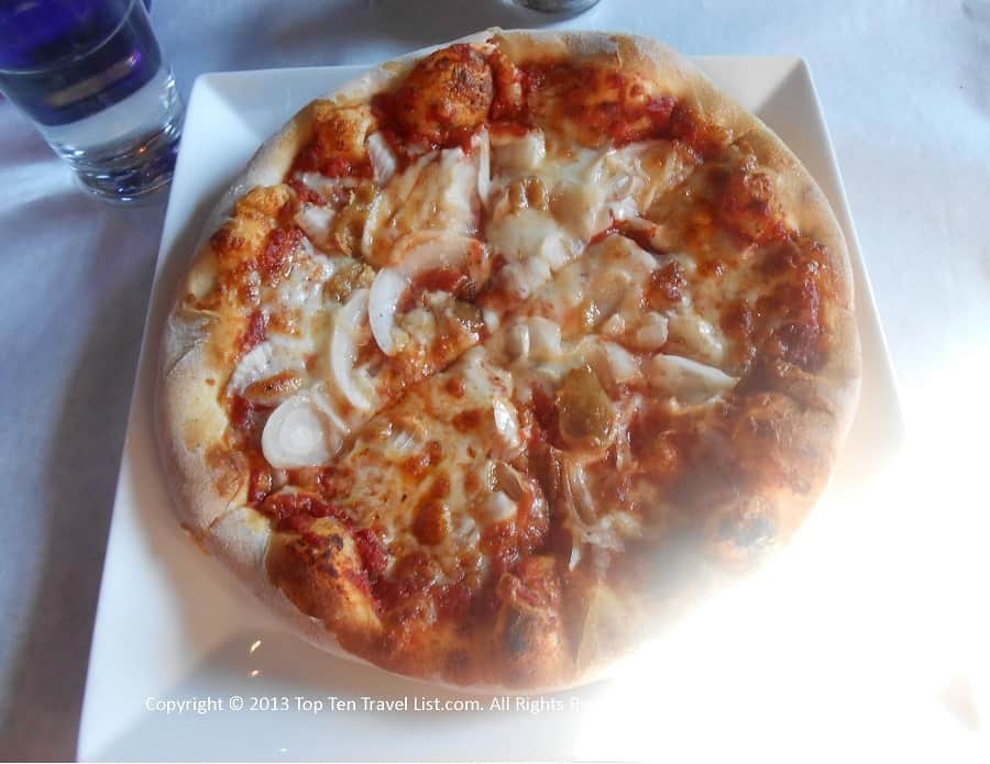 Onion and roasted garlic pizza at Bella Luna in Jamaica Plain