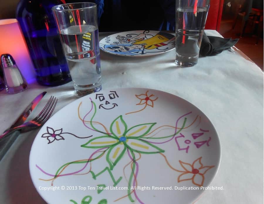 Hand painted plates at Bella Luna in Jamaica Plain