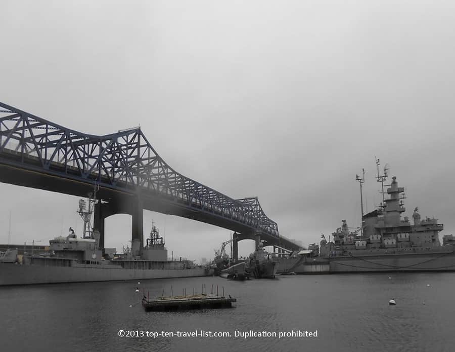 Battleships and the historic Braga bridge in Fall River, Massachusetts