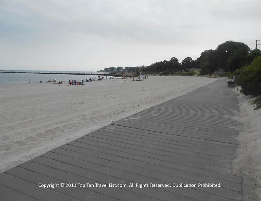 Wooden boardwalk at Rocky Neck Beach