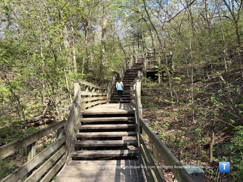 Hiking up a staircase on the Wildcat Canyon trail at Starved Rock State Park 