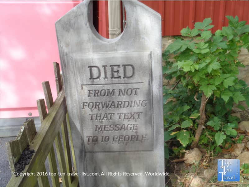 Funny gravestone Halloween decor at Bengston's Pumpkin Patch in Illinois