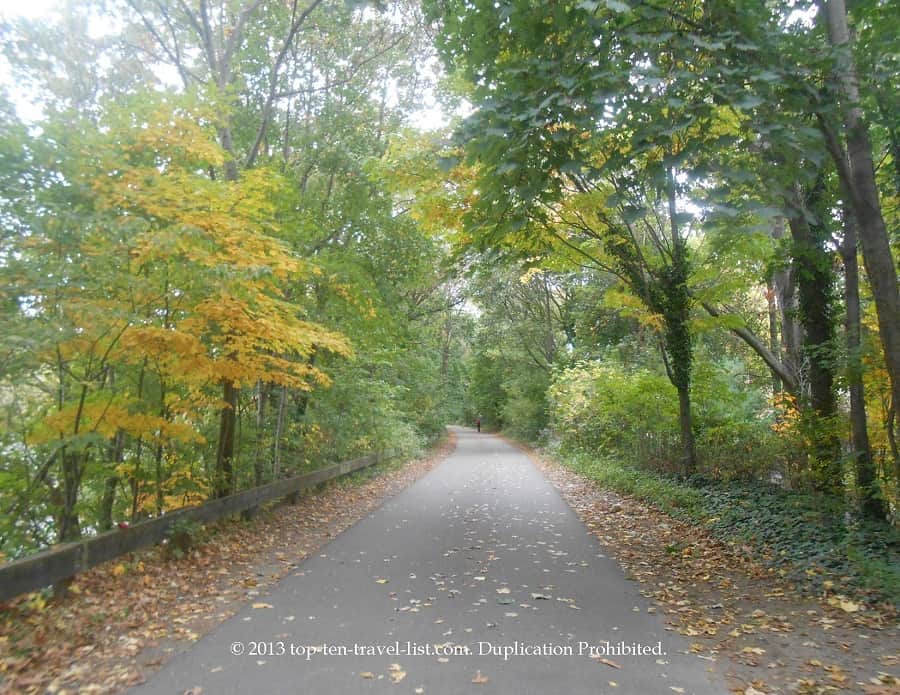The tree-lined Minuteman path in Boston