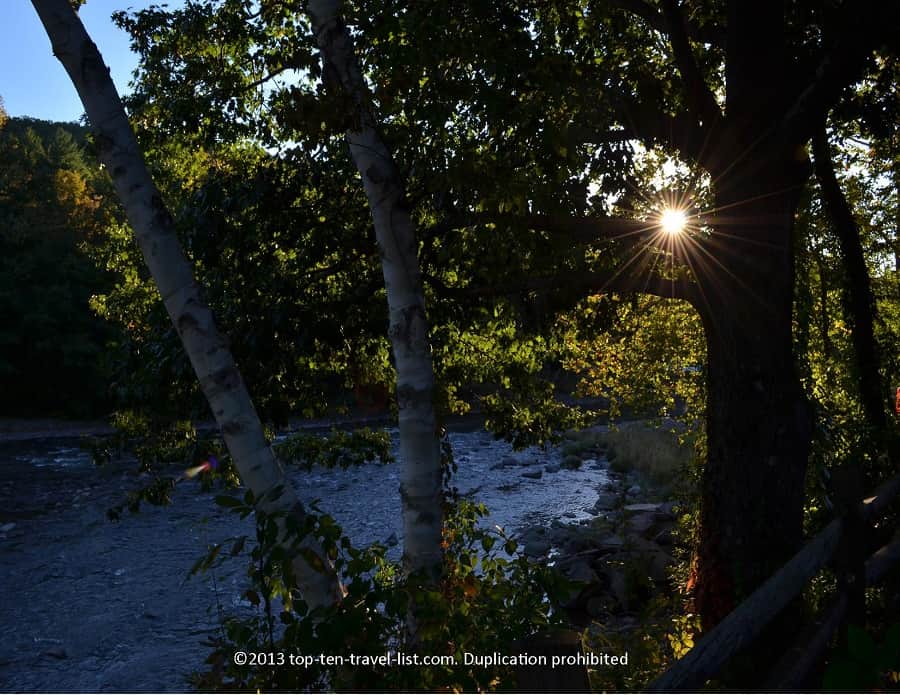 Sun rising over Esopus creek at The Lodge at Emerson Resort in the Catskills