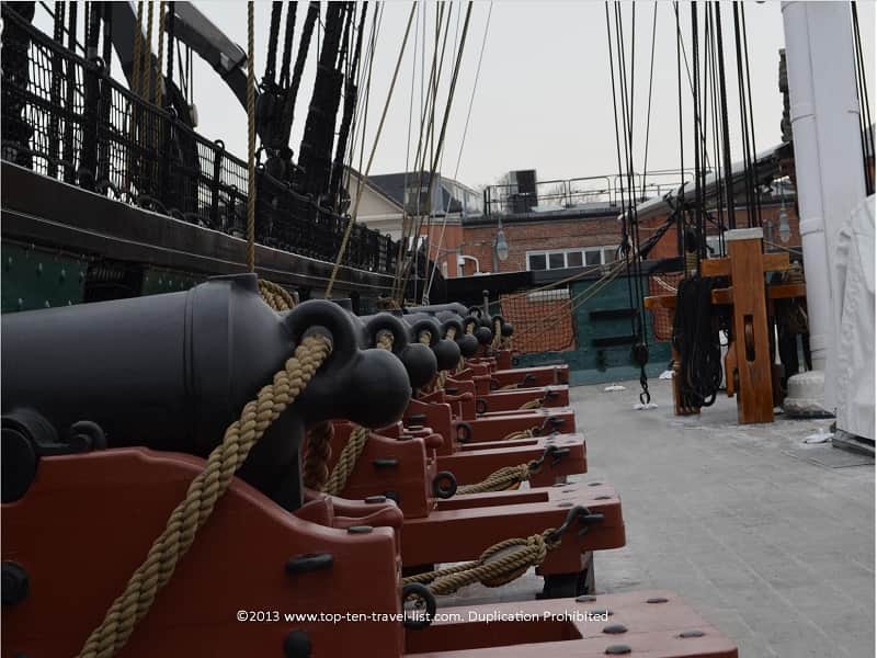 Rows of cannons on USS Constitution in Boston
