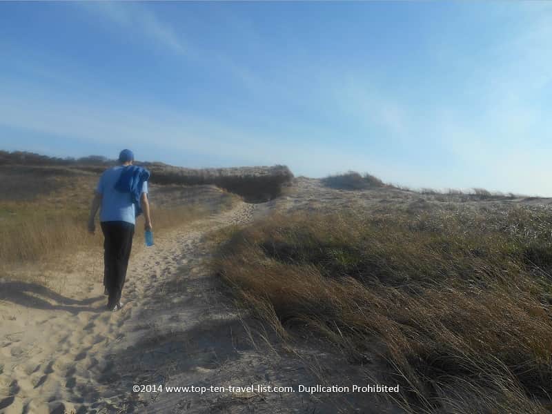 Going up a sand dune on the Great Island trail 