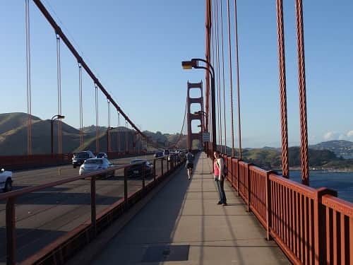 Walking across the Golden Gate bridge in San Francisco, CA