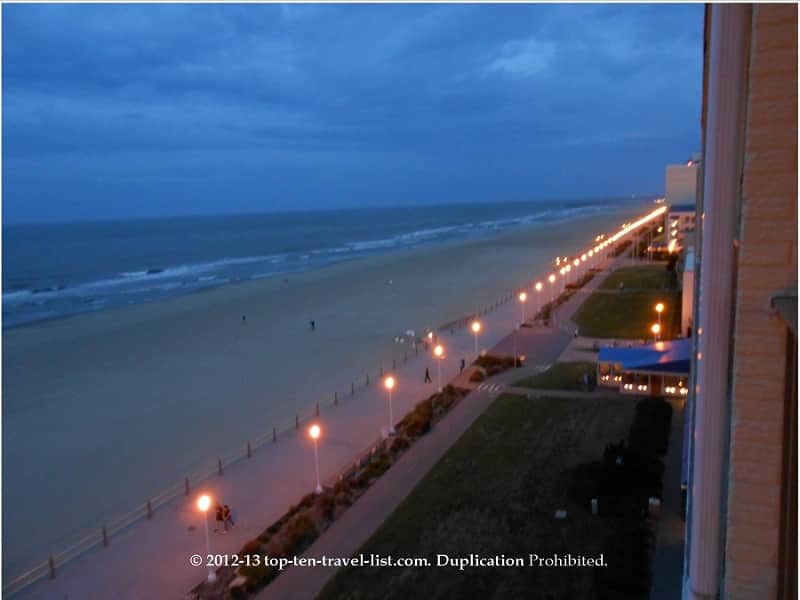 Virginia Beach boardwalk lit up at night 