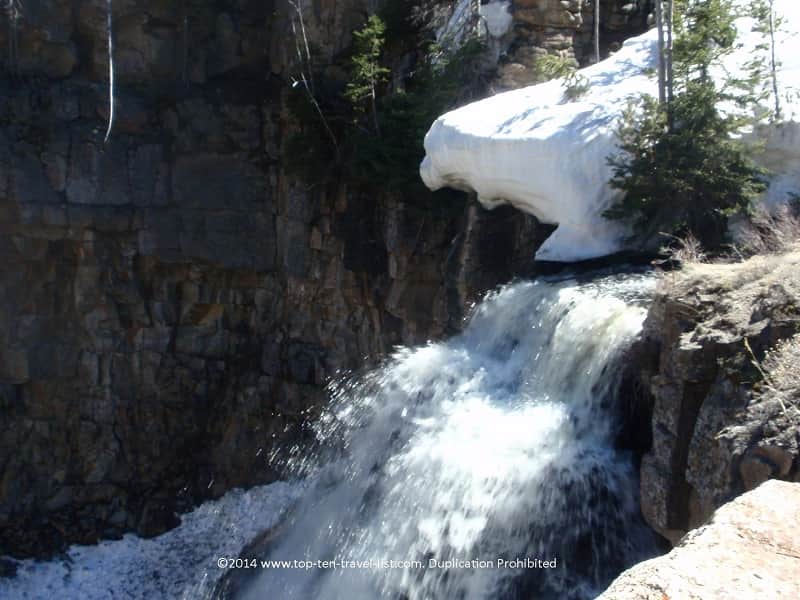 Snowy waterfall in Yellowstone National Park 
