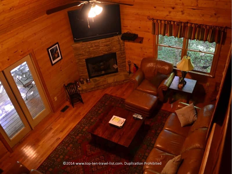 A view of the living room from the loft at Mount Laurel cabin rentals