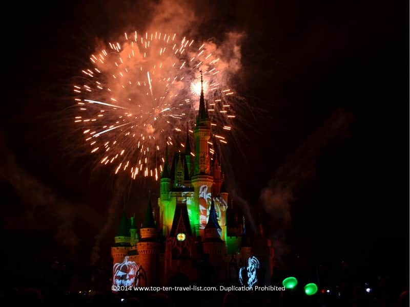 Pumpkin projections during the festive Hallowishes at Magic Kingdom 