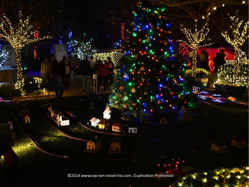 Christmas tree and train in the Wedding Garden  at Florida Botanical Gardens