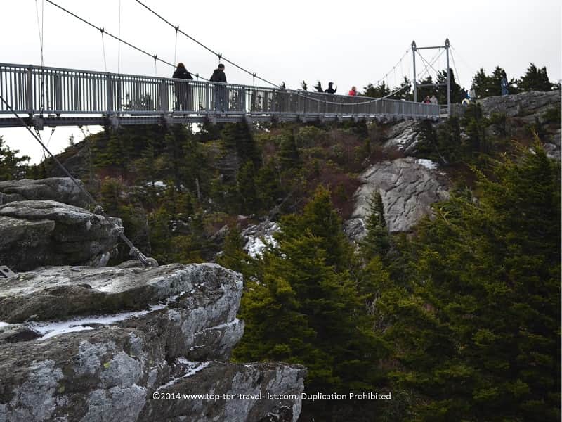 Walking across the swinging bridge at Grandfather Mountain 