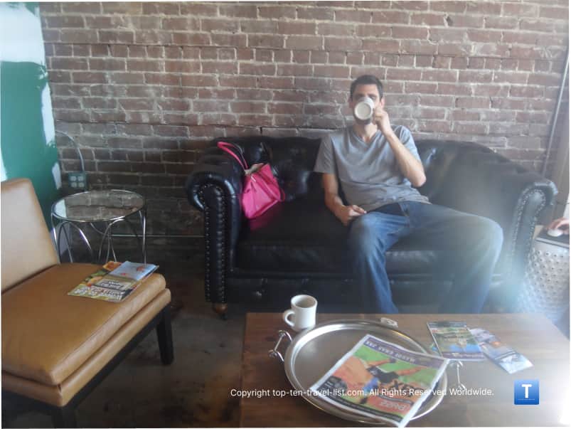 Cozy couch and brick walls at Amelia Island Coffee