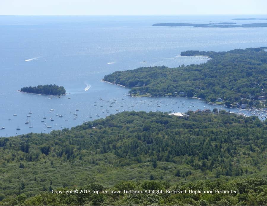 Beautiful views of the bay from the Mt. Battie tower at Camden Hills State Park.