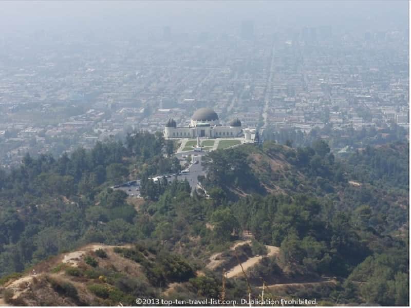 The Griffith Observatory as seen from a hiking trail 