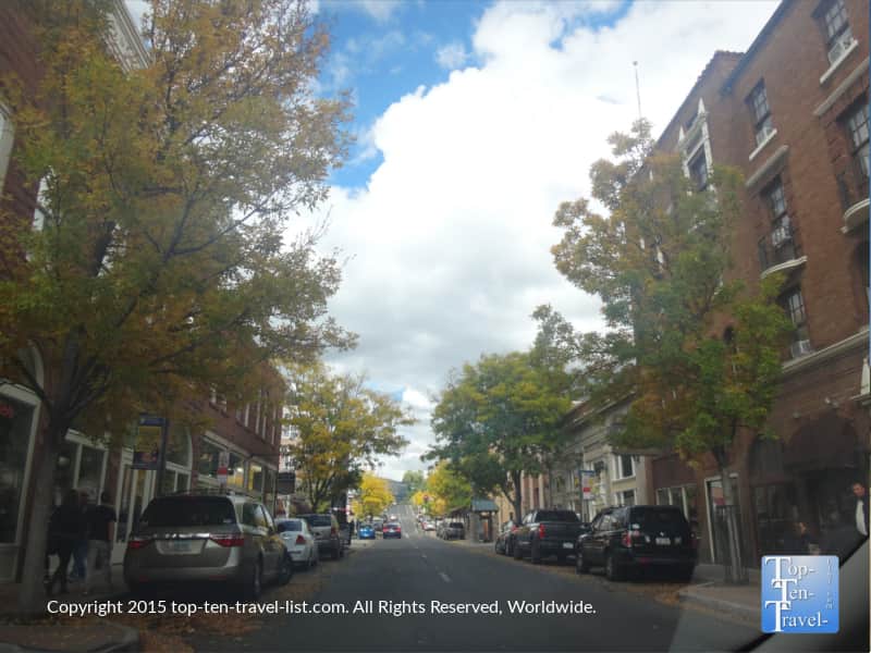Historic downtown Flagstaff lined with fall trees