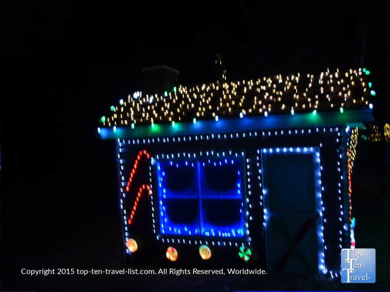 Gingerbread house holiday light display in Flagstaff