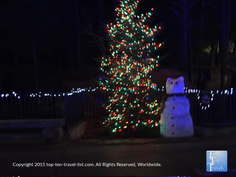A pretty tree and snowman at the Wild Wonderland at Bearizona in Williams, Arizona