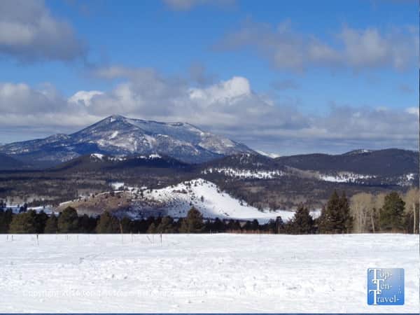 Gorgeous snowy mountain scenery along the Aspen Nature Loop in Flagstaff, Arizona