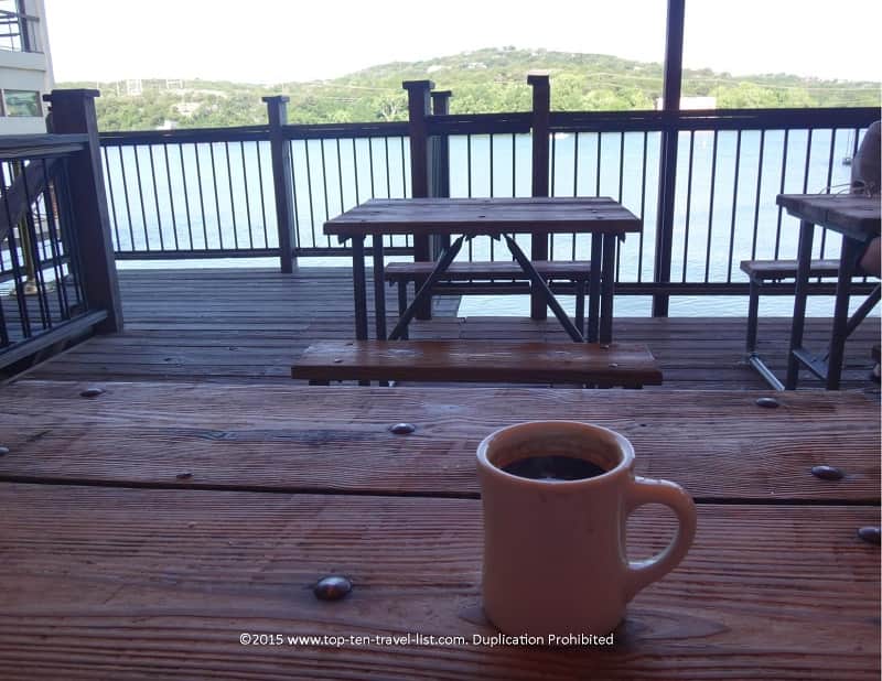 Coffee with a lake view at Mozart's Coffee Roasters in Austin