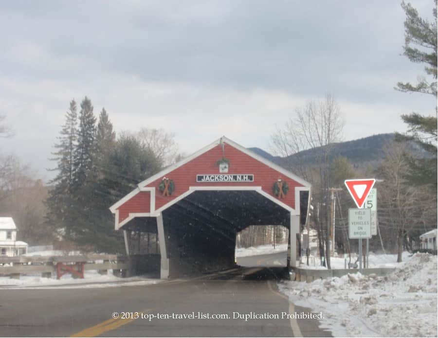 A gorgeous covered bridge in Jackson, New Hampshire during the winter months