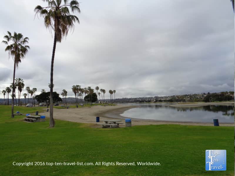 Palms and water views along the Mission Bay bike path in San Diego 