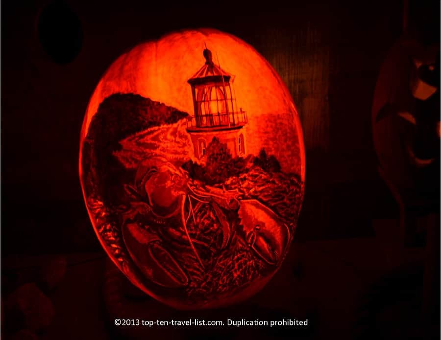 A beautiful lighthouse and lobster representing Maine at the Jack O'Lantern Spectacular in Providence, RI