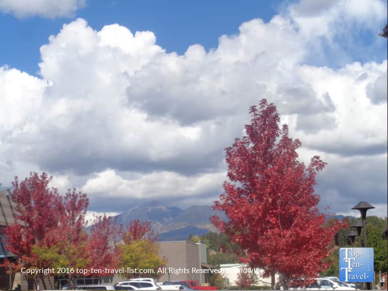 Red fall foliage in Flagstaff strip mall