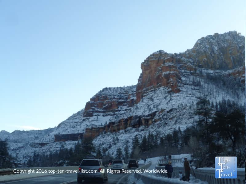 Snow along Oak Creek Canyon scenic drive in Sedona
