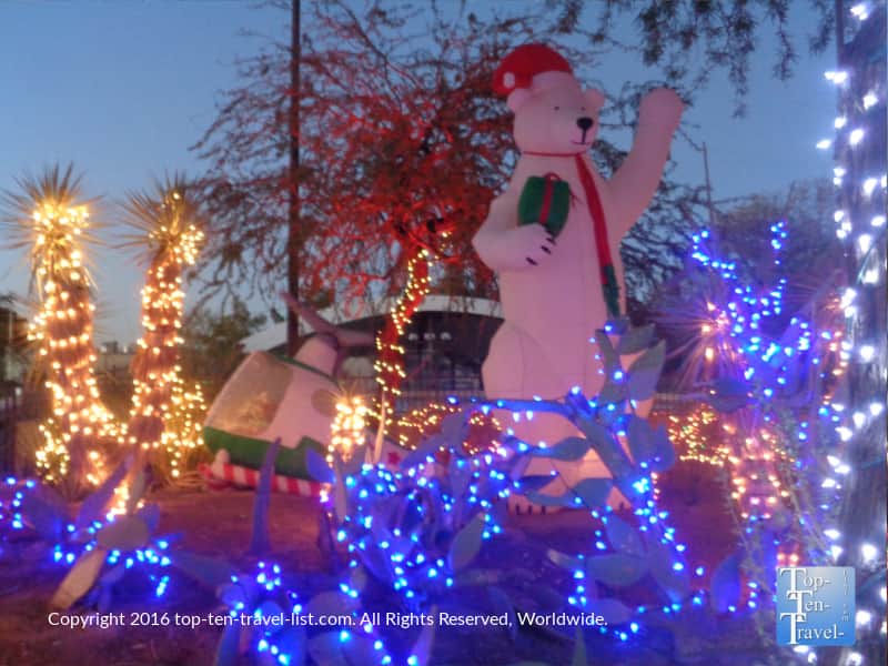 Cute bear display at Ethel M Chocolates holiday lights in Henderson