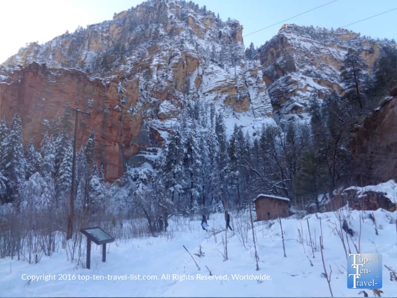 Gorgeous snow surrounding the red rocks of the West Fork trail in Sedona
