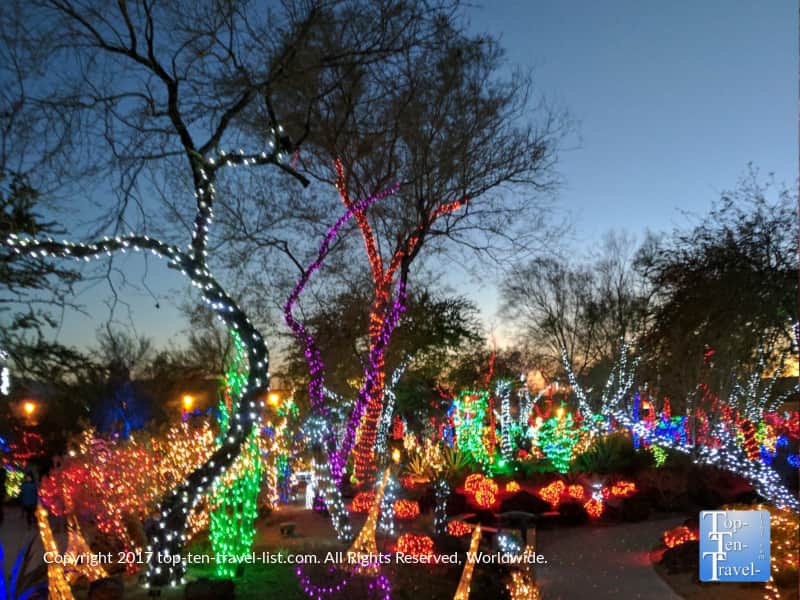 Colorful lights at Ethel M. Chocolate Factory holiday event in Henderson
