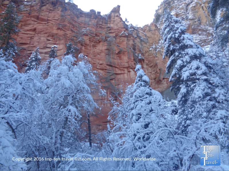 Red rocks and snow along the Sedona West Fork Trail