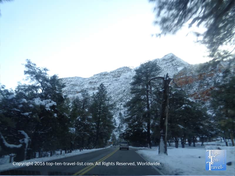 Snowy drive along Oak Creek Canyon in Sedona, Arizona