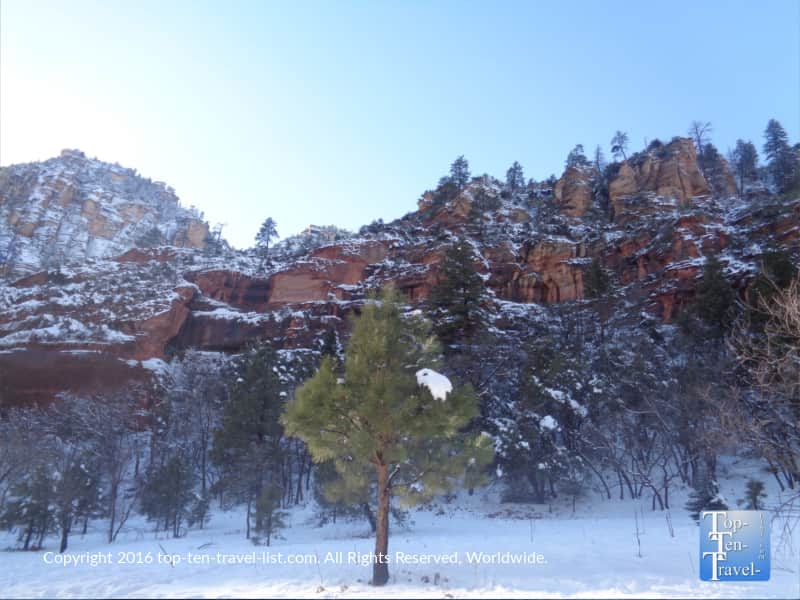 Red rocks of Sedona topped with snow after a Christmas storm