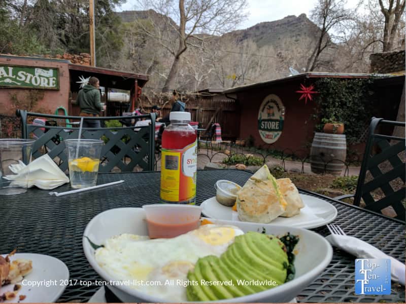 Grains and Greens bowl and burrito at Indian Gardens cafe in Oak Creek Canyon