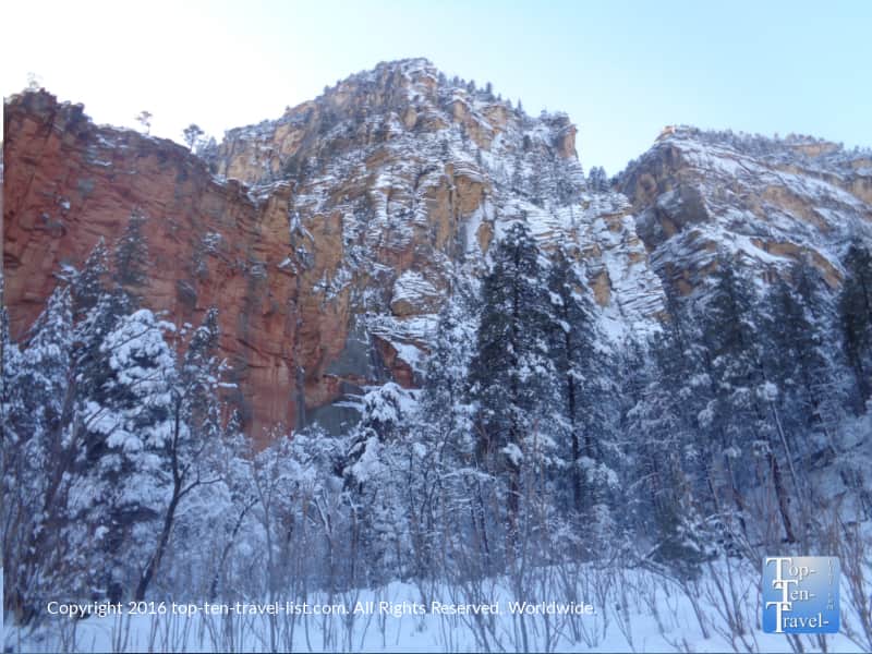 Red rock surrounded by snow on the West Fork Trail in Sedona