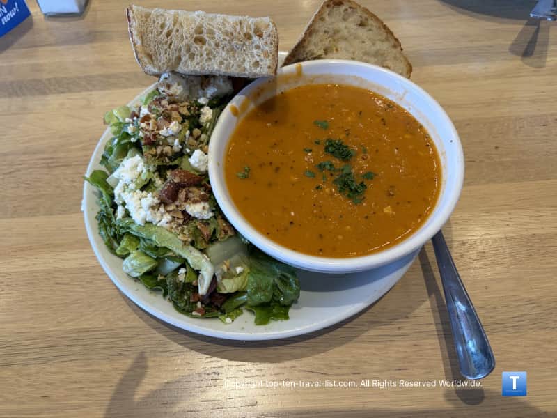 Tomato basil soup and Mediterranean salad at Wildflower