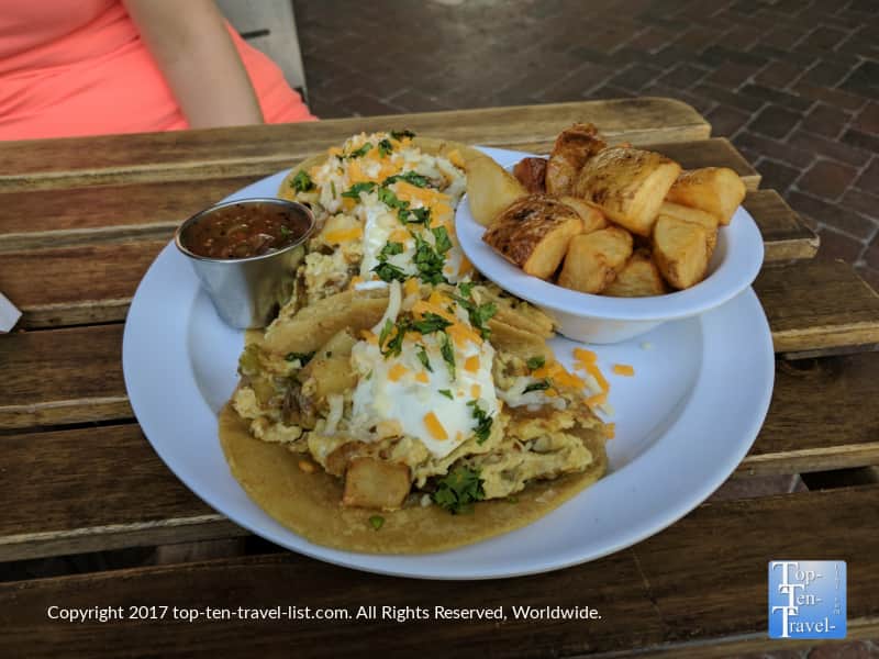 Chili Verde Con Papas breakfast tacos at Seis Mexican in Tucson